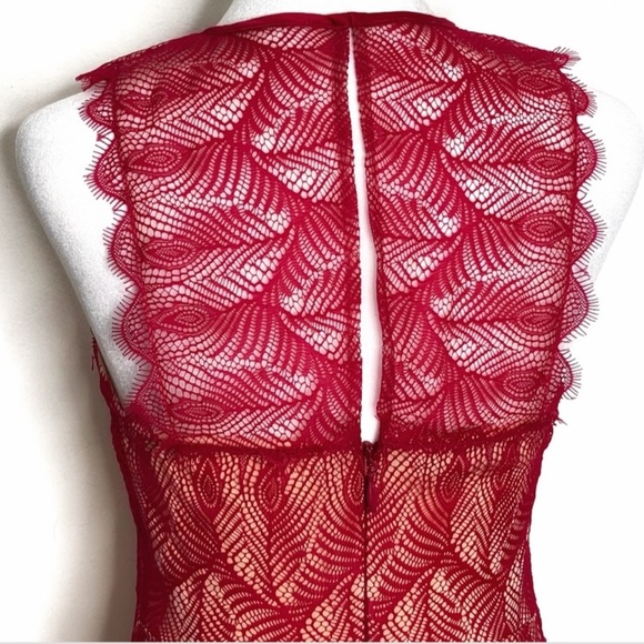 Bebe Red Lace Overlay Bodycon Dress Sz S - Picture 6 of 10